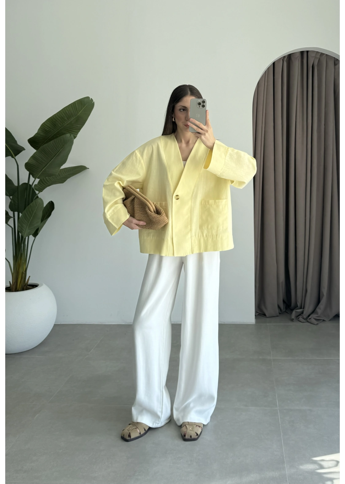 V Yaka Tek Düğme Keten Sarı Kimono Ceket