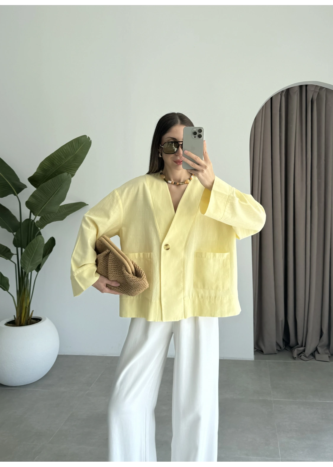 V Yaka Tek Düğme Keten Sarı Kimono Ceket