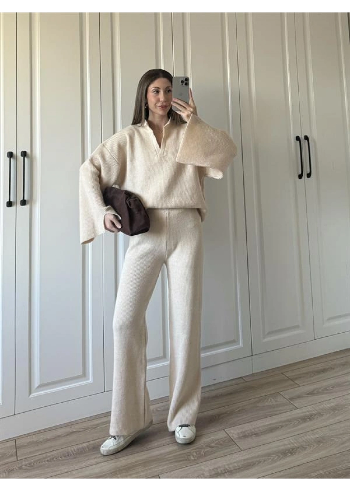 V Yaka Tok Triko Taş Örgü Takım