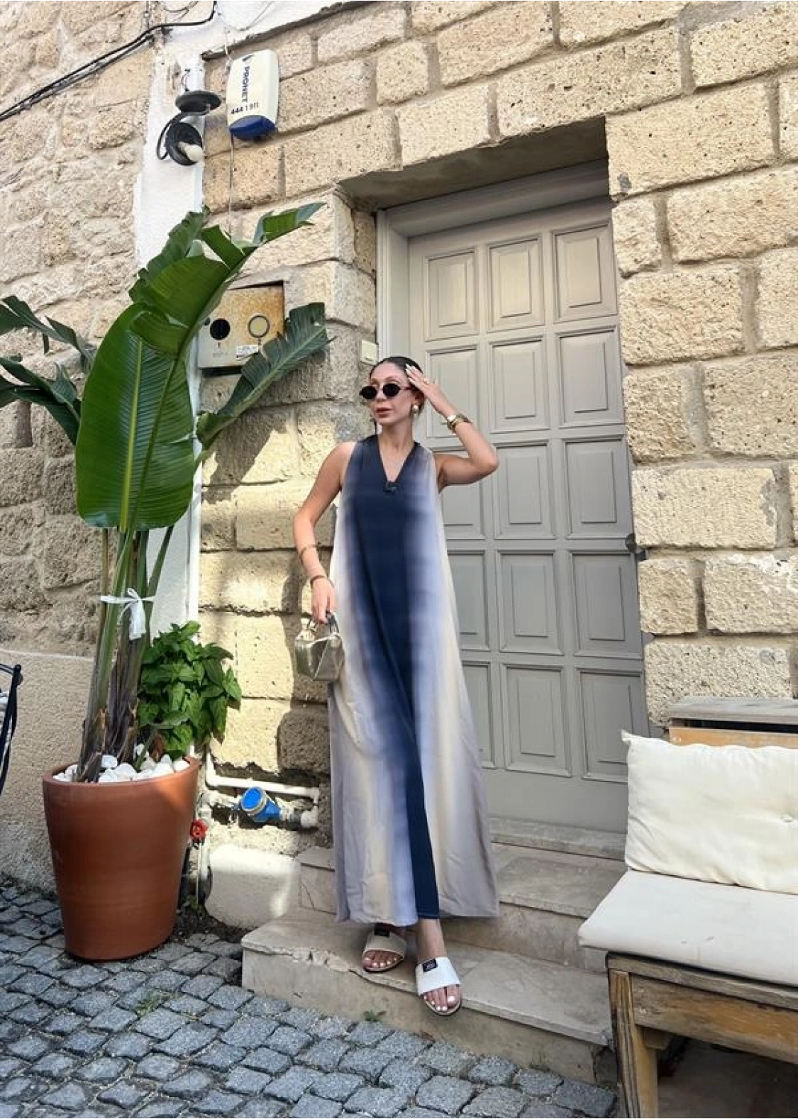 V Yaka Uzun İndigo Elbise