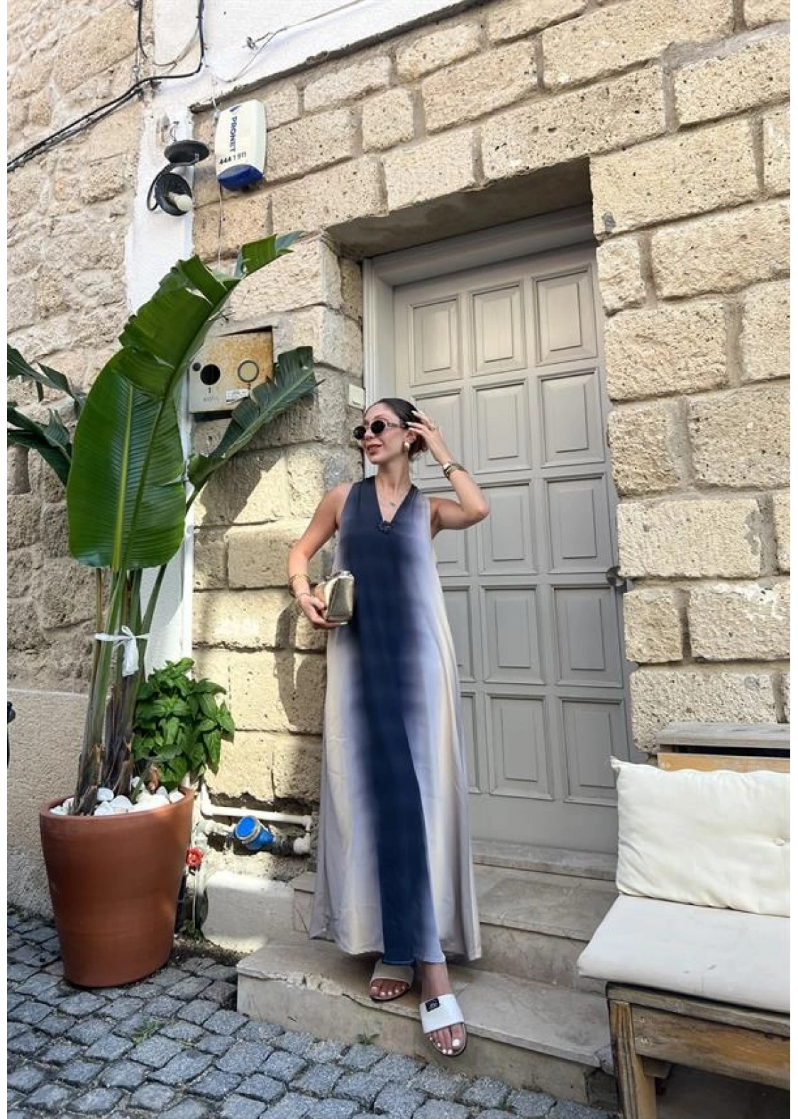 V Yaka Uzun İndigo Elbise