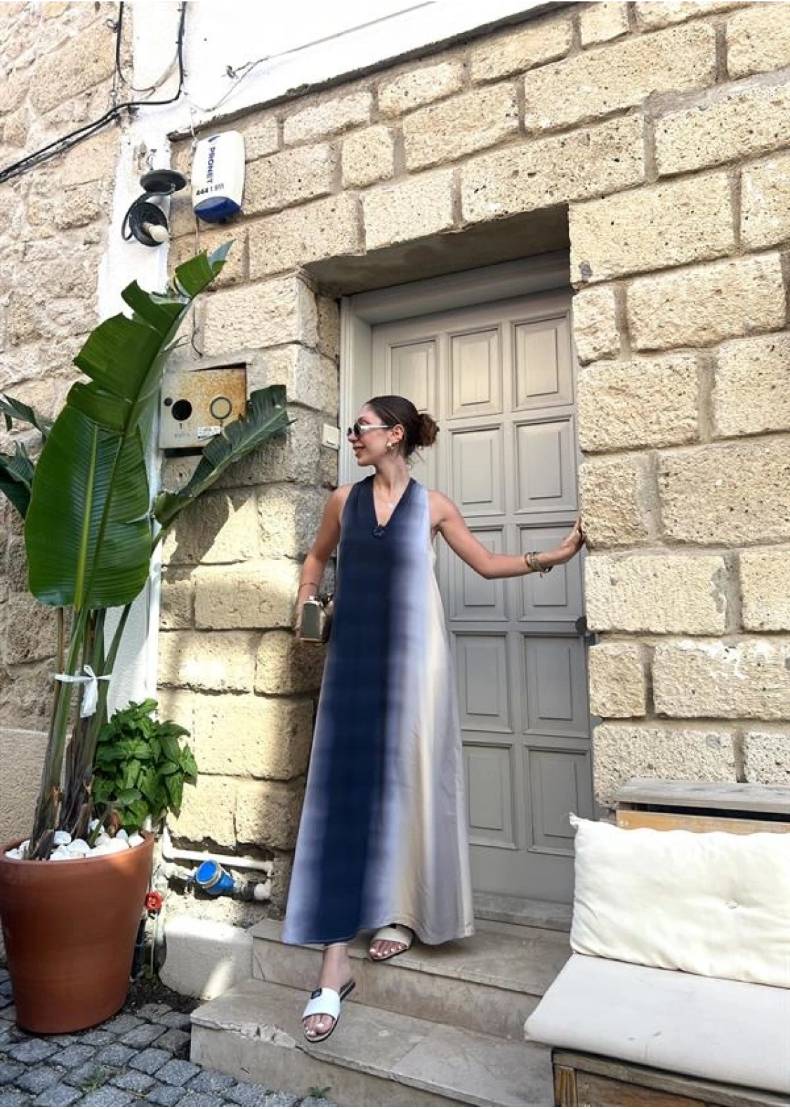 V Yaka Uzun İndigo Elbise