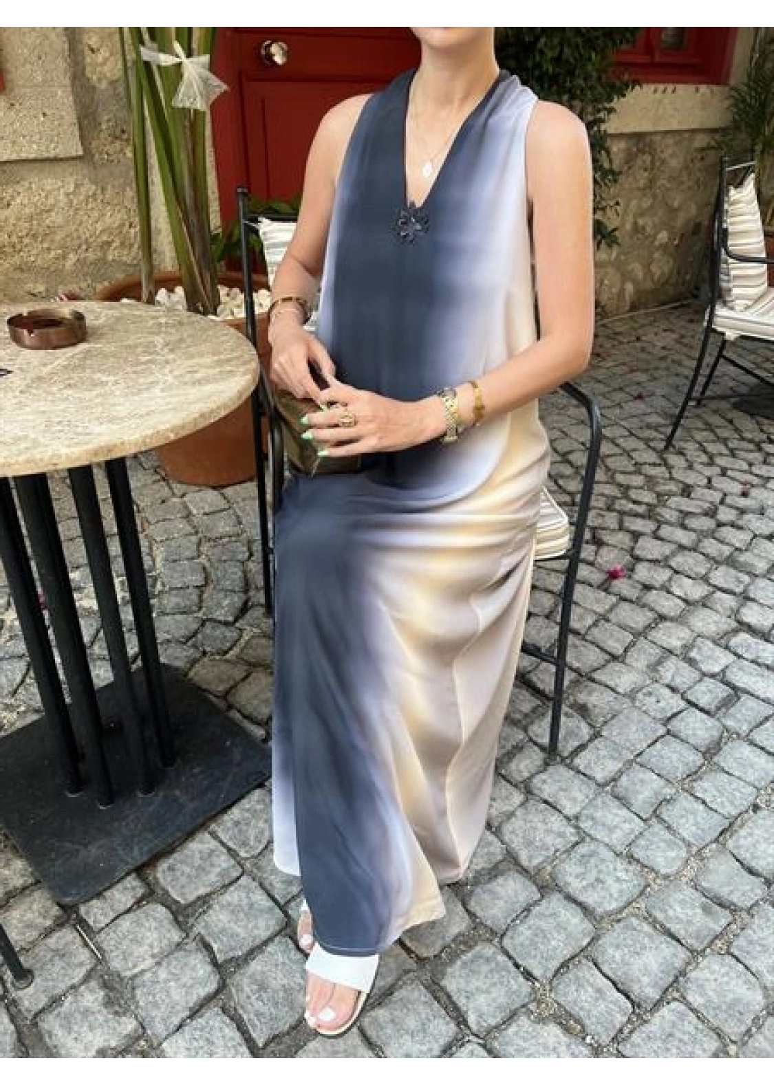 V Yaka Uzun İndigo Elbise