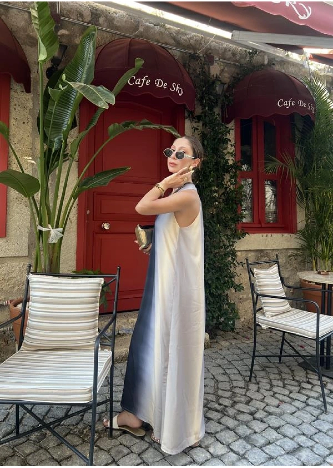 V Yaka Uzun İndigo Elbise