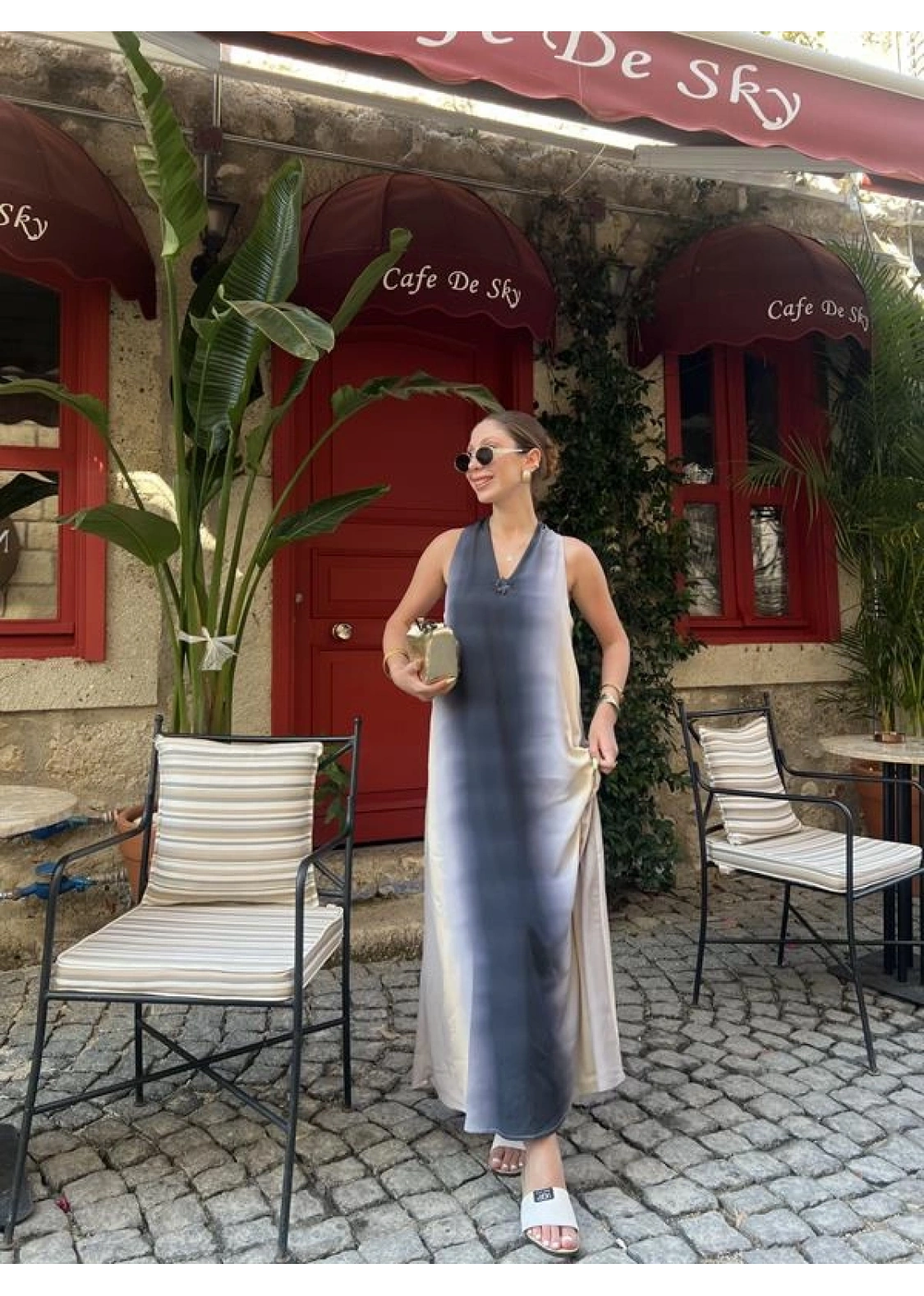 V Yaka Uzun İndigo Elbise