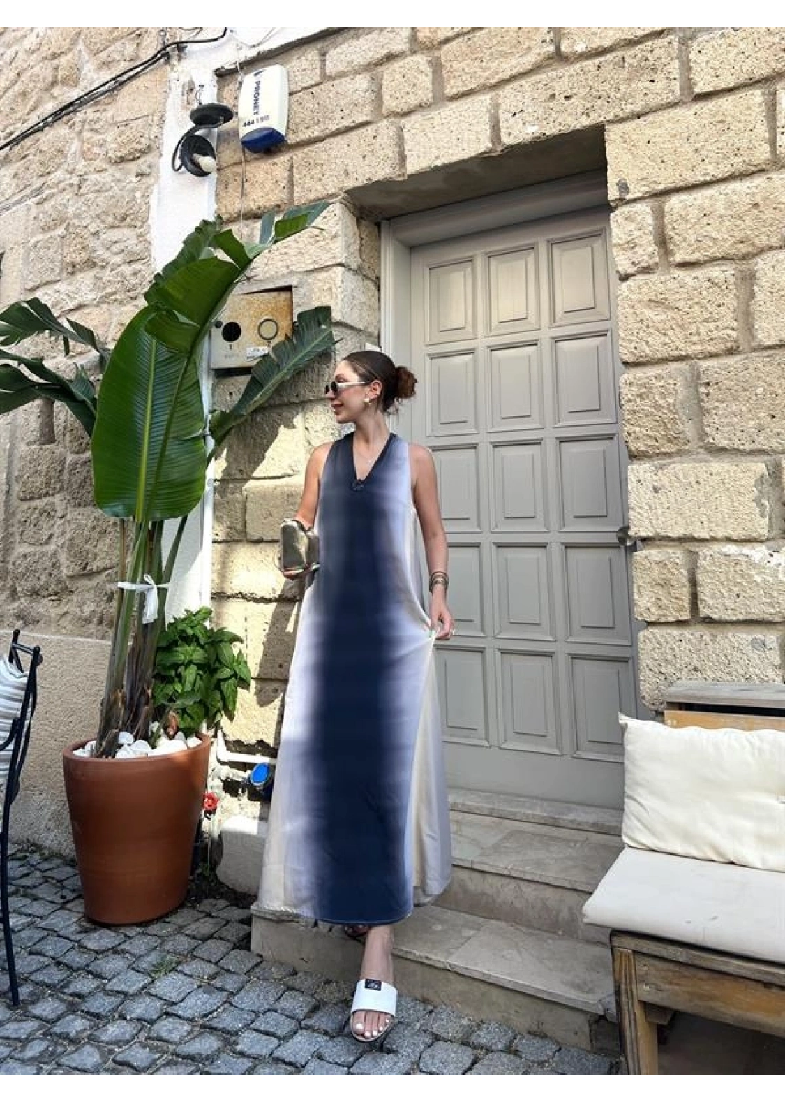 V Yaka Uzun İndigo Elbise