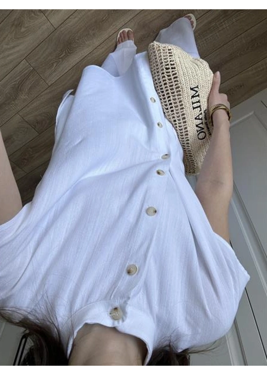 Vanda Tasarım Yan Düğmeli Beyaz Keten Takım