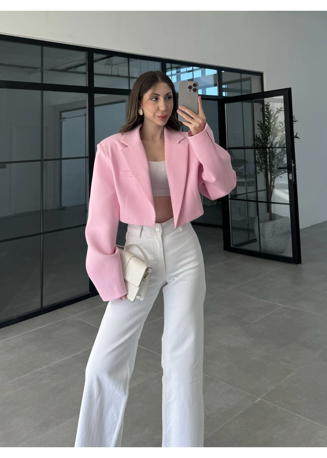 Vatkalı Astarlı Pembe Crop Ceket