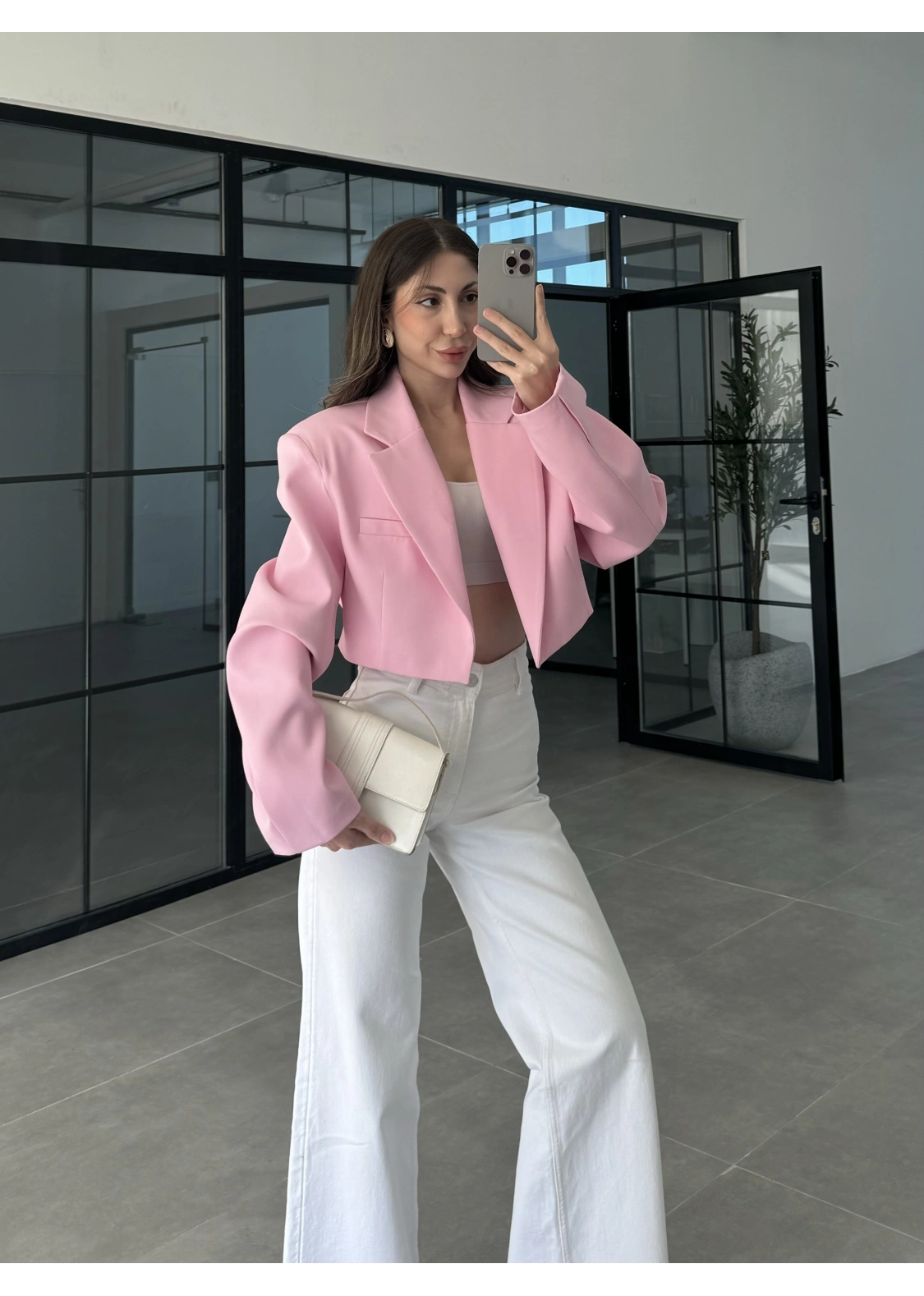 Vatkalı Astarlı Pembe Crop Ceket