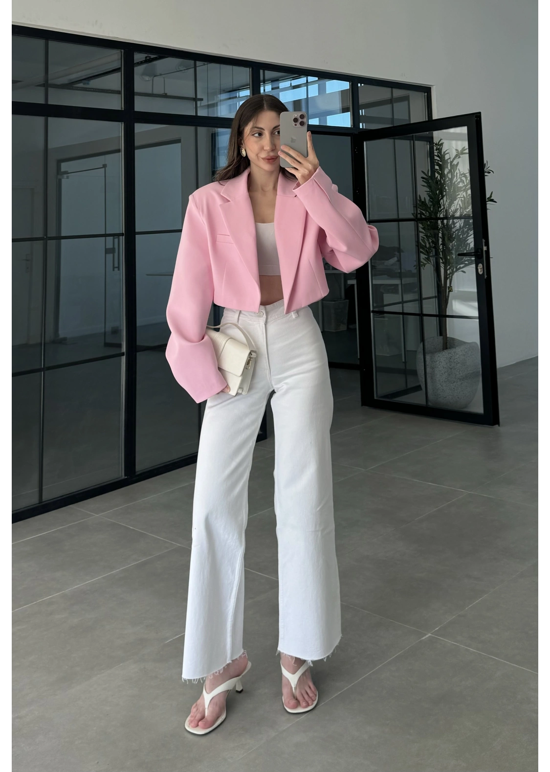 Vatkalı Astarlı Pembe Crop Ceket
