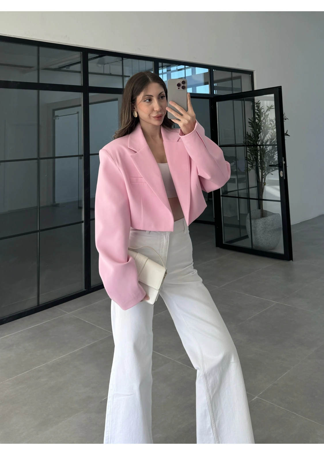 Vatkalı Astarlı Pembe Crop Ceket