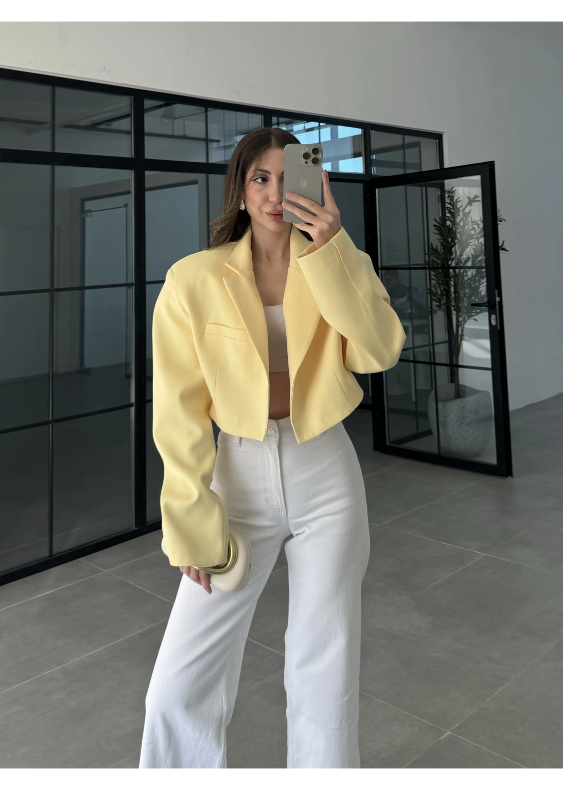 Vatkalı Astarlı Sarı Crop Ceket