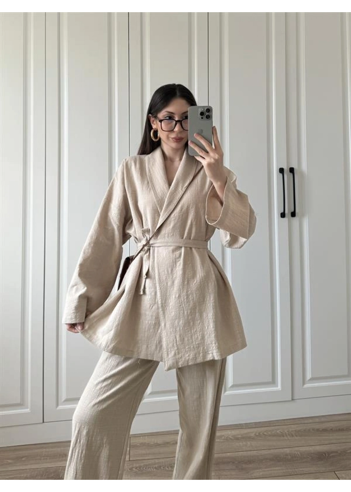 Vool Ham Keten Bej Kimono Takım
