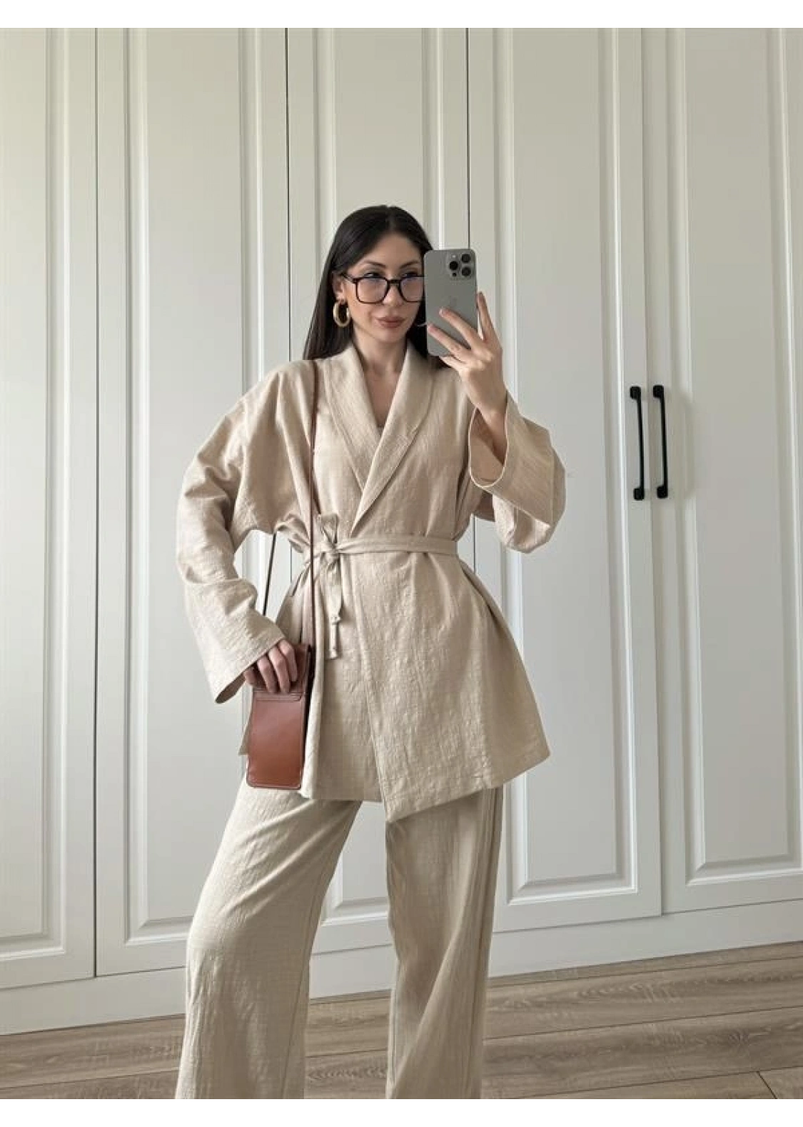 Vool Ham Keten Bej Kimono Takım