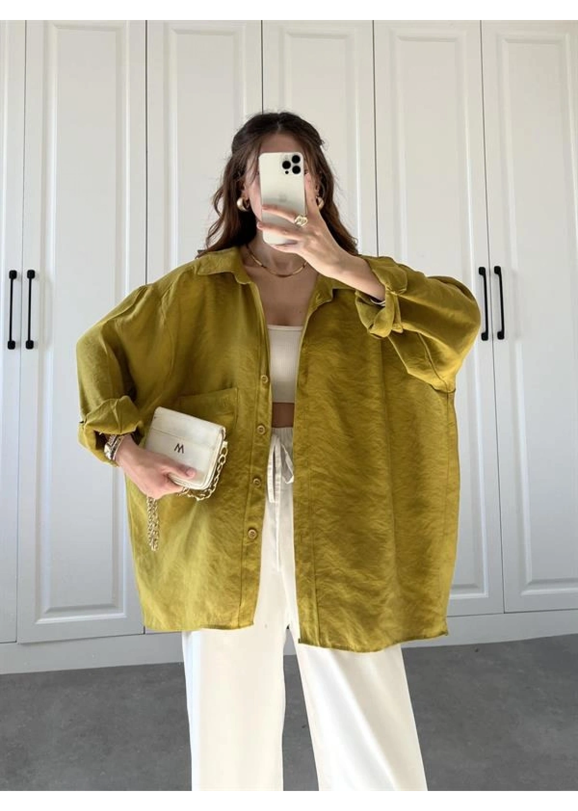 Yağ Yeşili Oversize Tensel Gömlek
