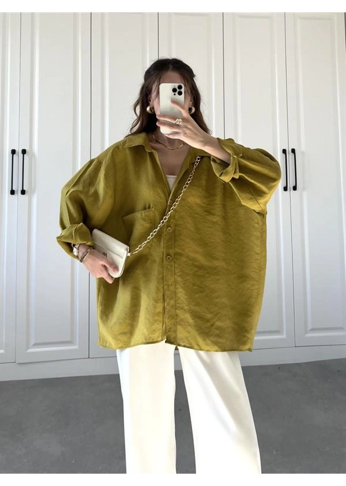 Yağ Yeşili Oversize Tensel Gömlek