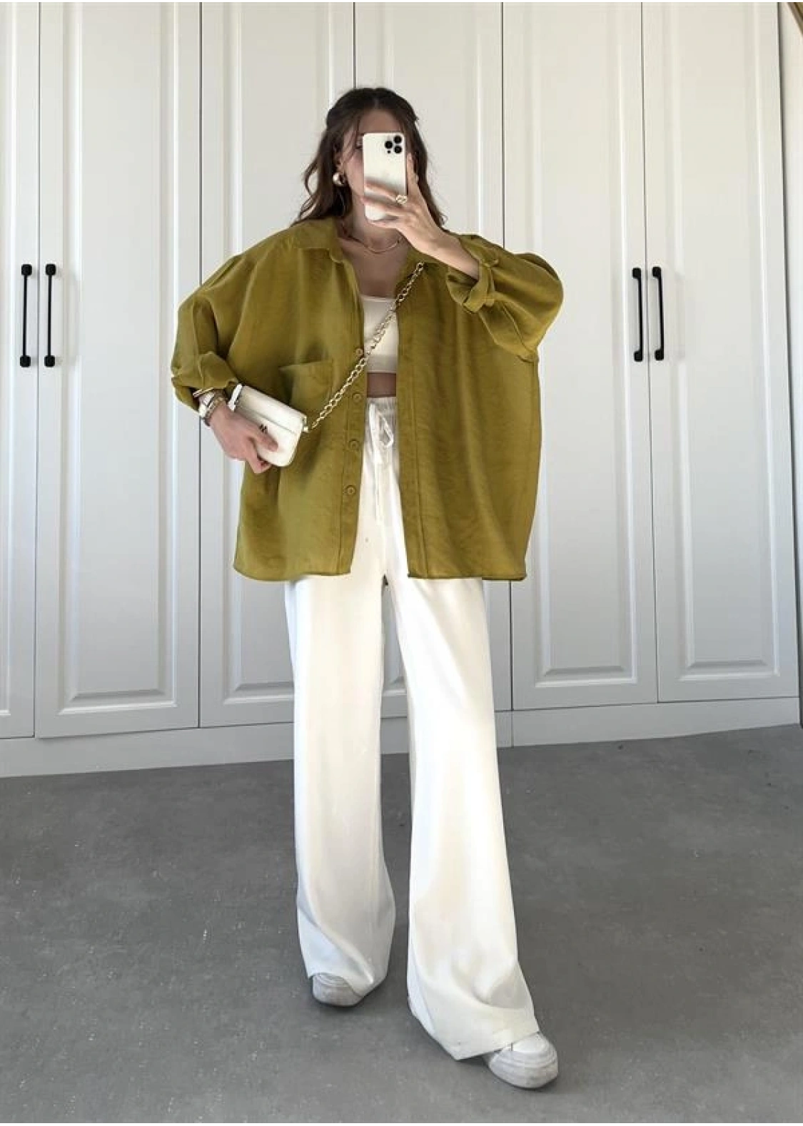 Yağ Yeşili Oversize Tensel Gömlek