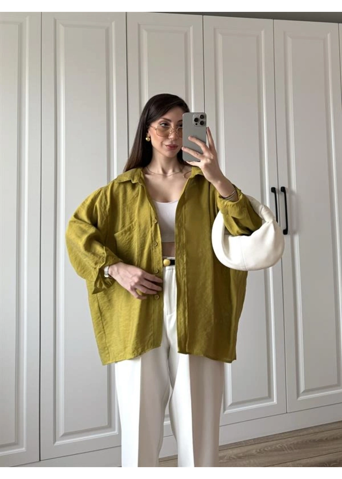 Yağ Yeşili Oversize Tensel Gömlek