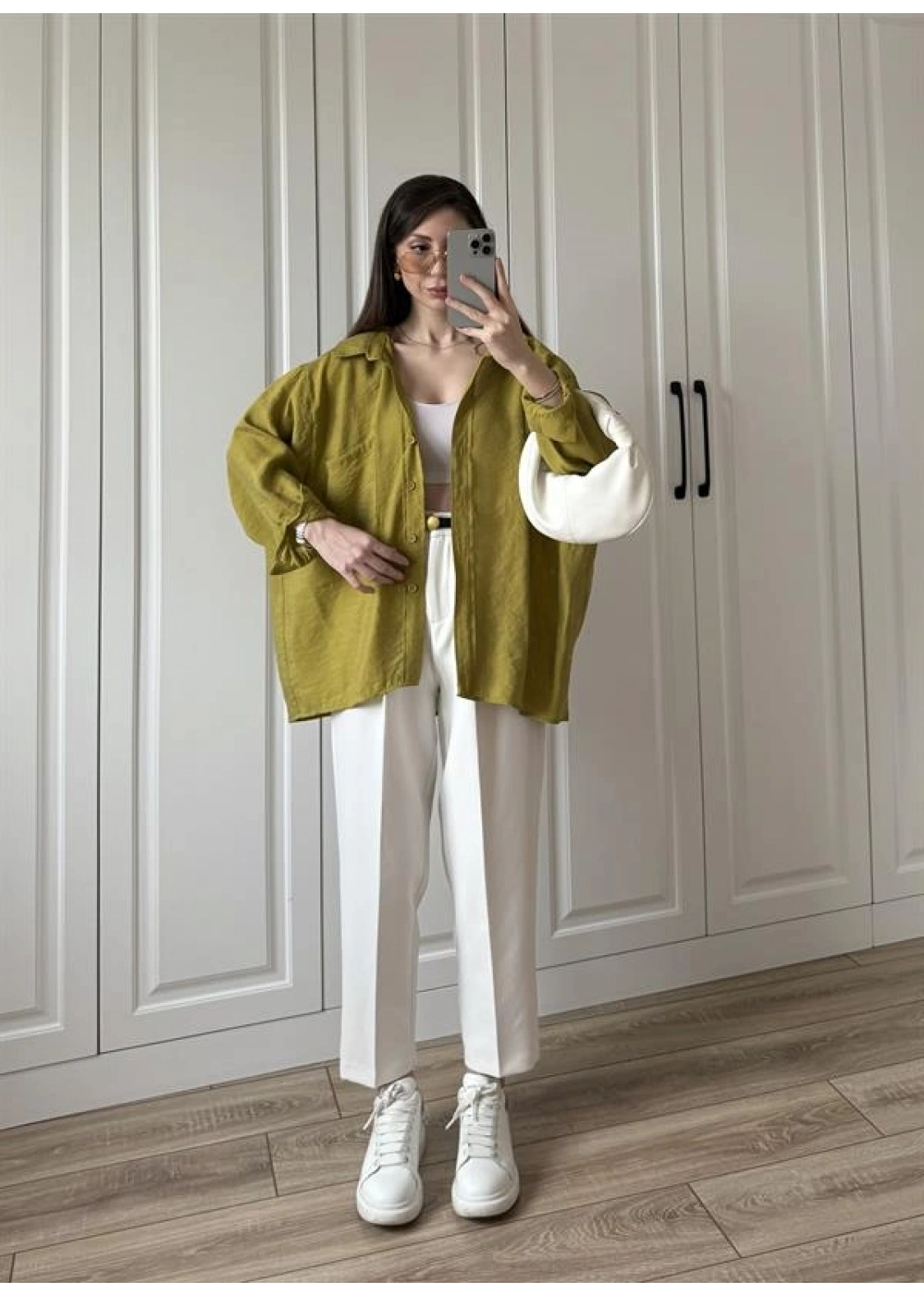Yağ Yeşili Oversize Tensel Gömlek
