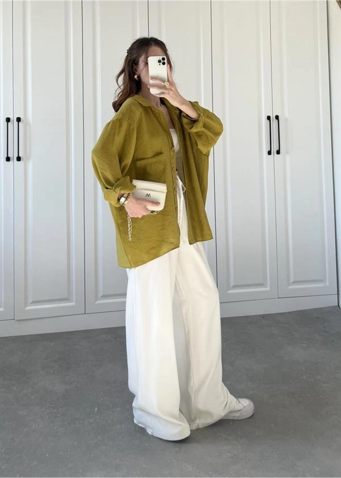 Yağ Yeşili Oversize Tensel Gömlek