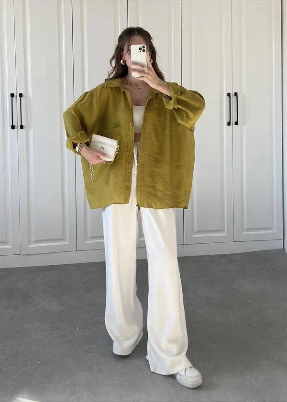 Yağ Yeşili Oversize Tensel Gömlek