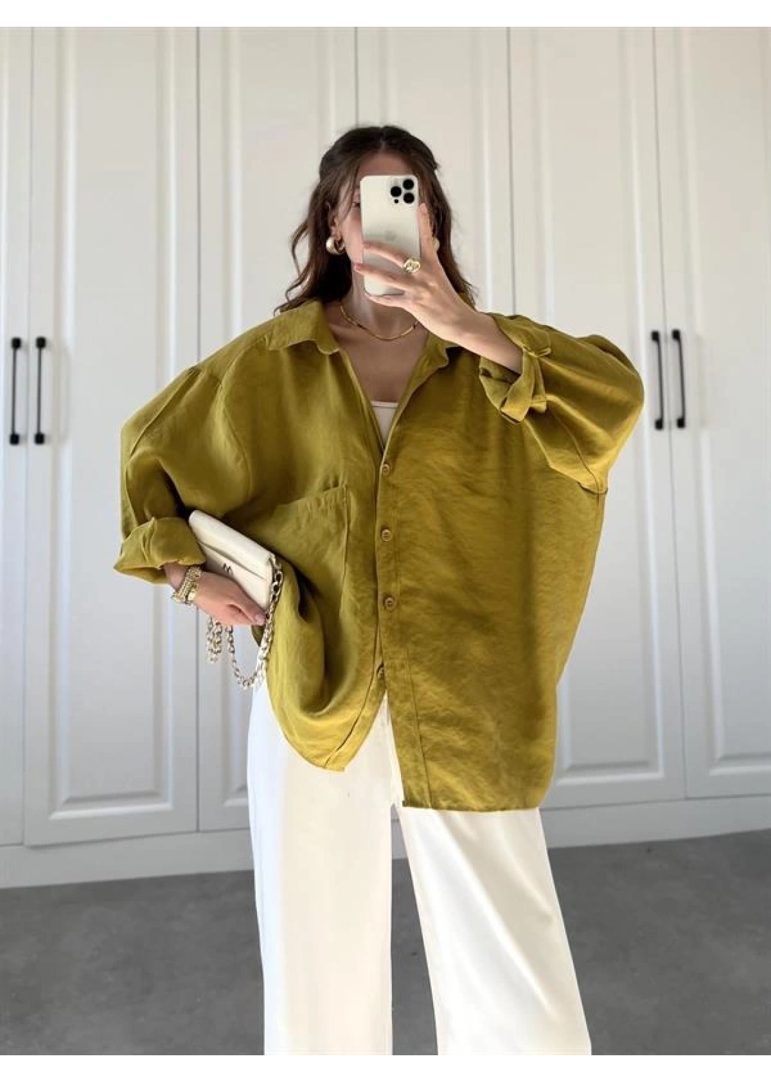 Yağ Yeşili Oversize Tensel Gömlek