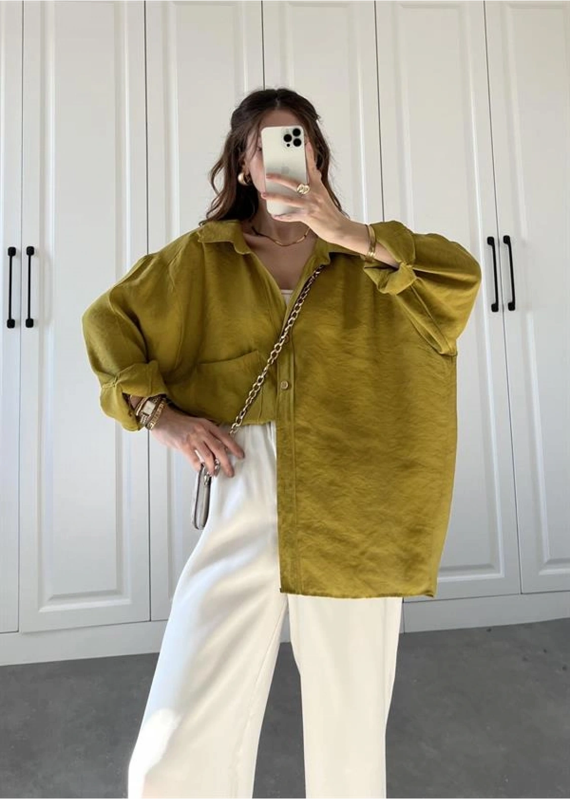 Yağ Yeşili Oversize Tensel Gömlek