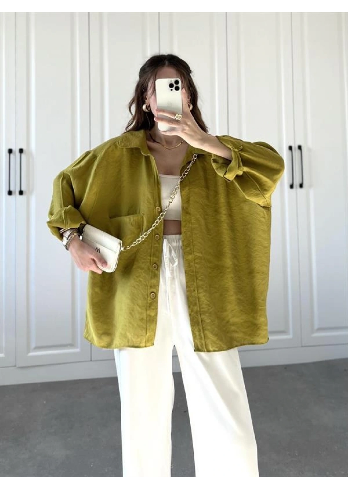 Yağ Yeşili Oversize Tensel Gömlek