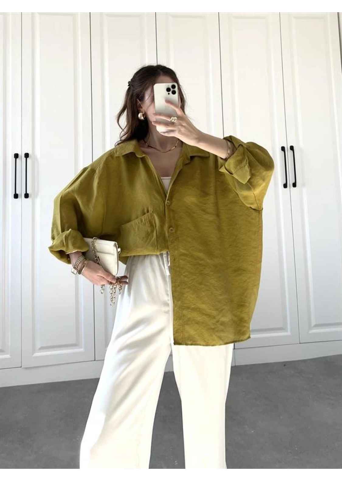 Yağ Yeşili Oversize Tensel Gömlek