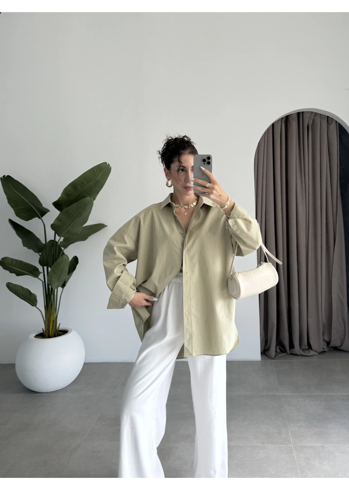 Yale Oversize Poplin Açık Haki Gömlek