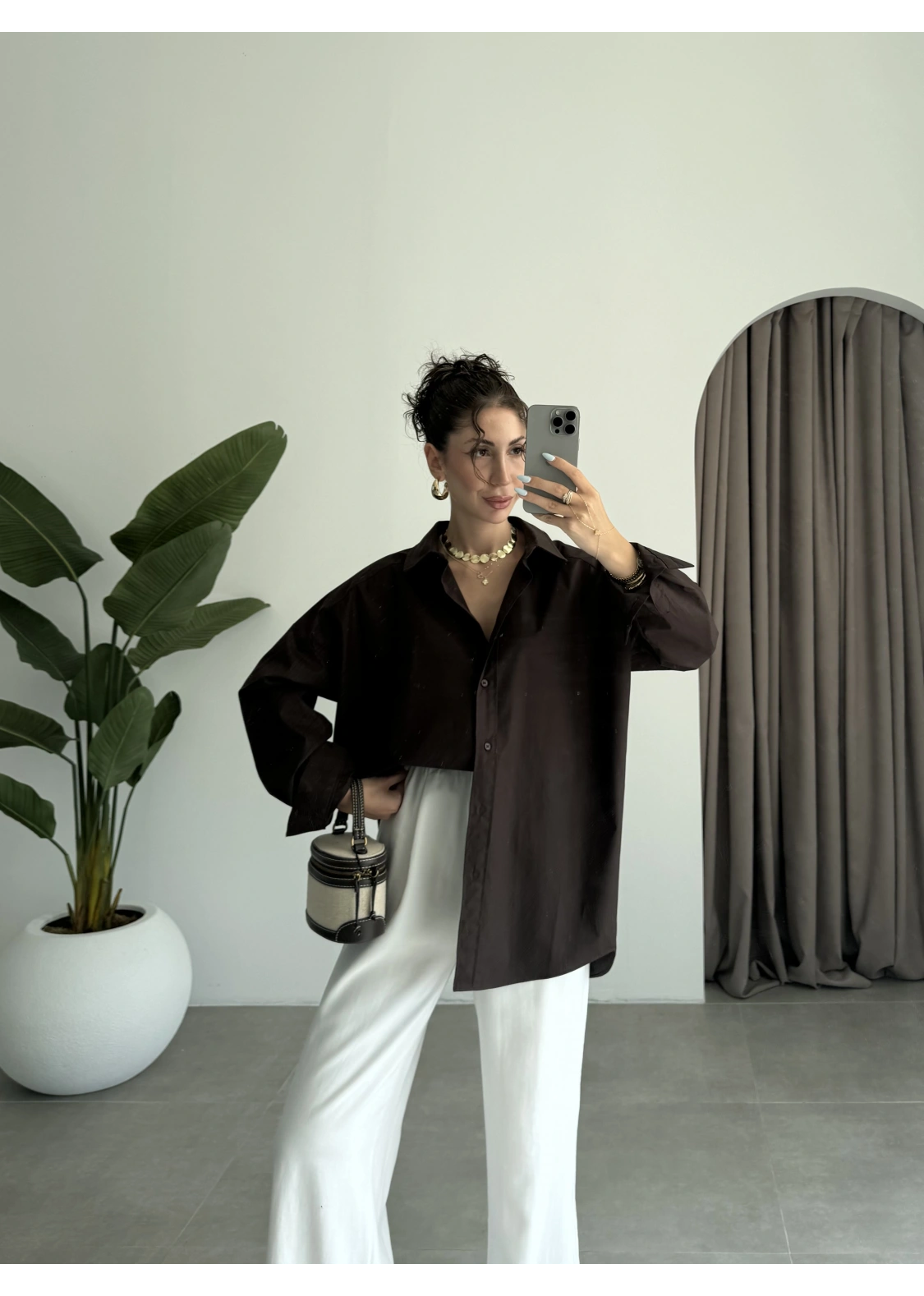 Yale Oversize Poplin Kahve Gömlek
