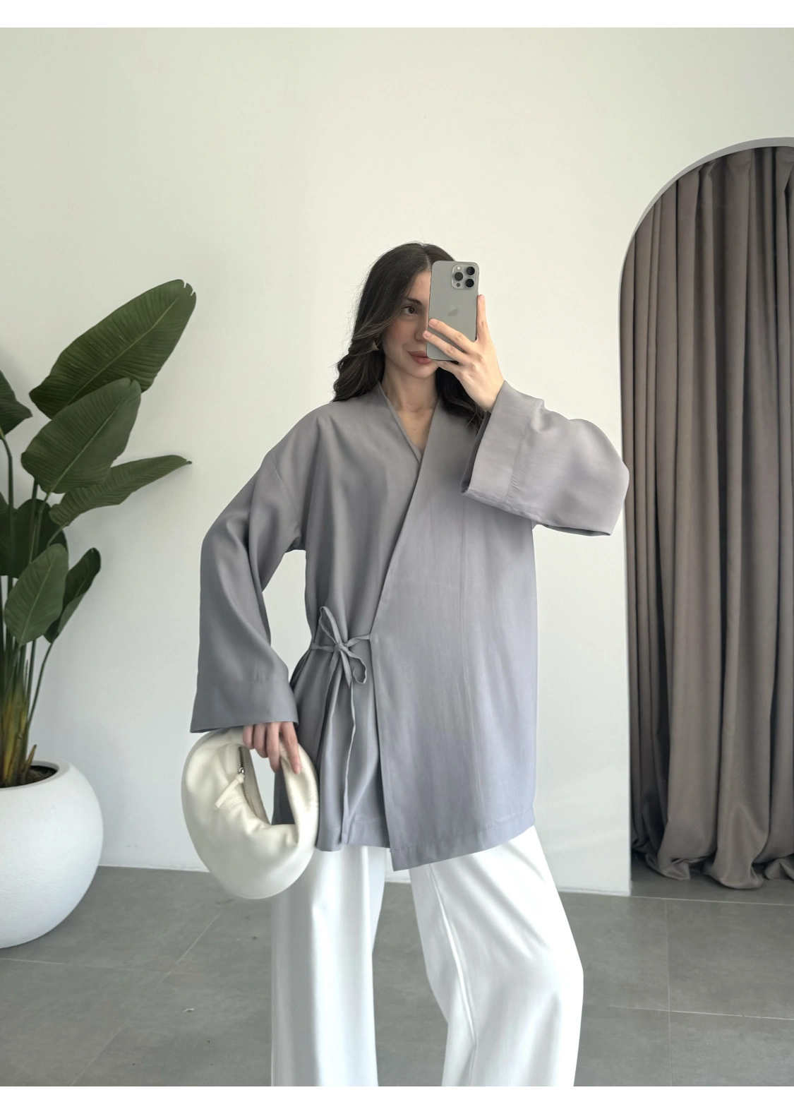 Yandan Bağlamalı Gri Tensel Kimono
