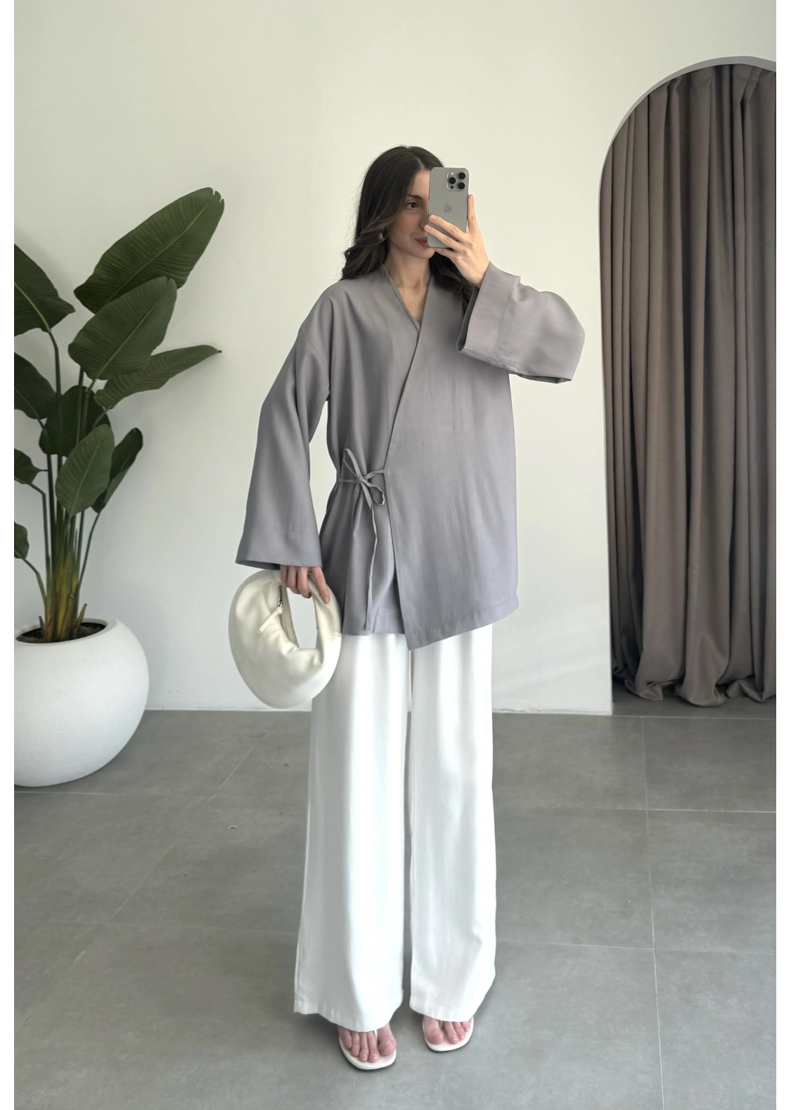 Yandan Bağlamalı Gri Tensel Kimono