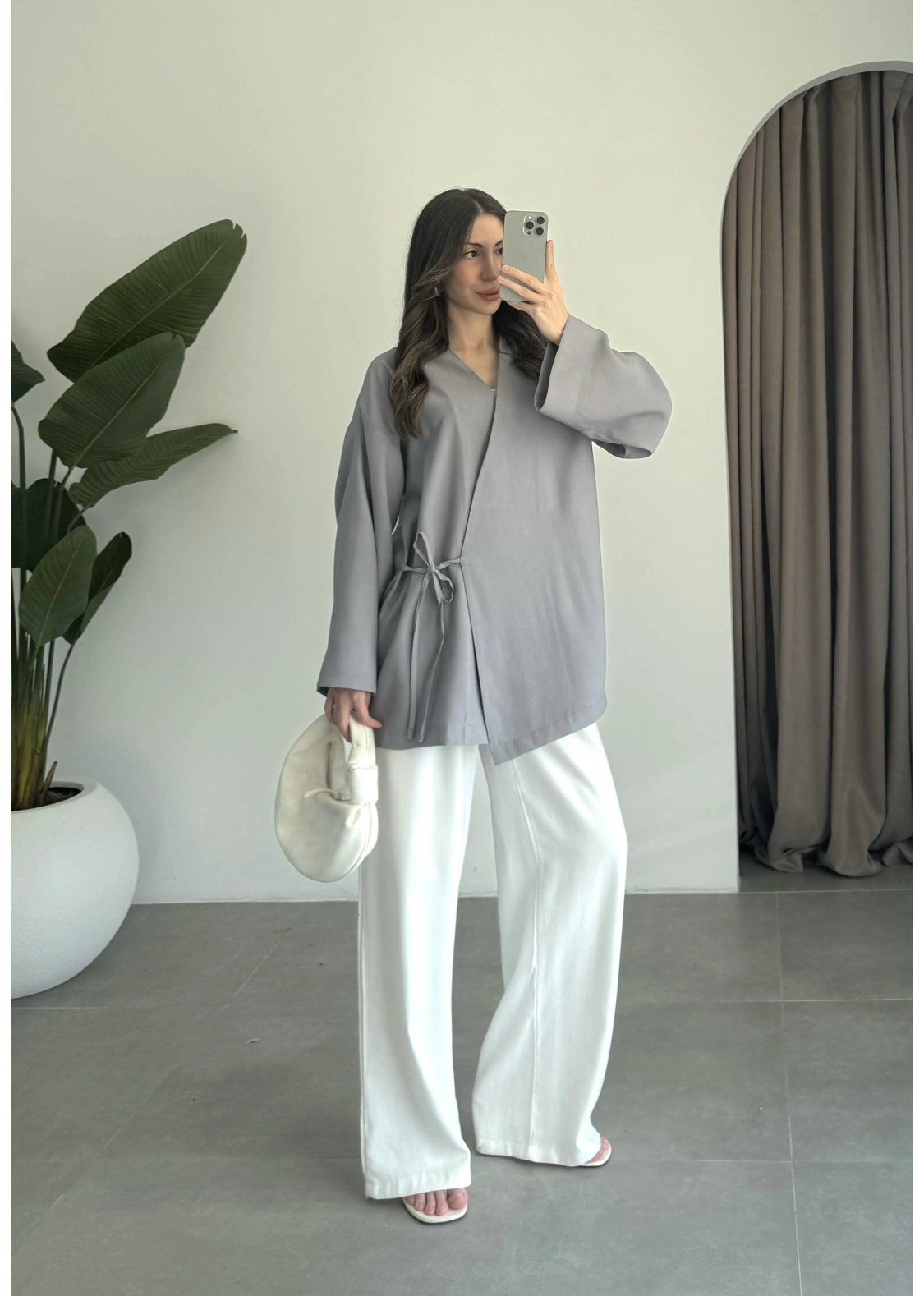 Yandan Bağlamalı Gri Tensel Kimono