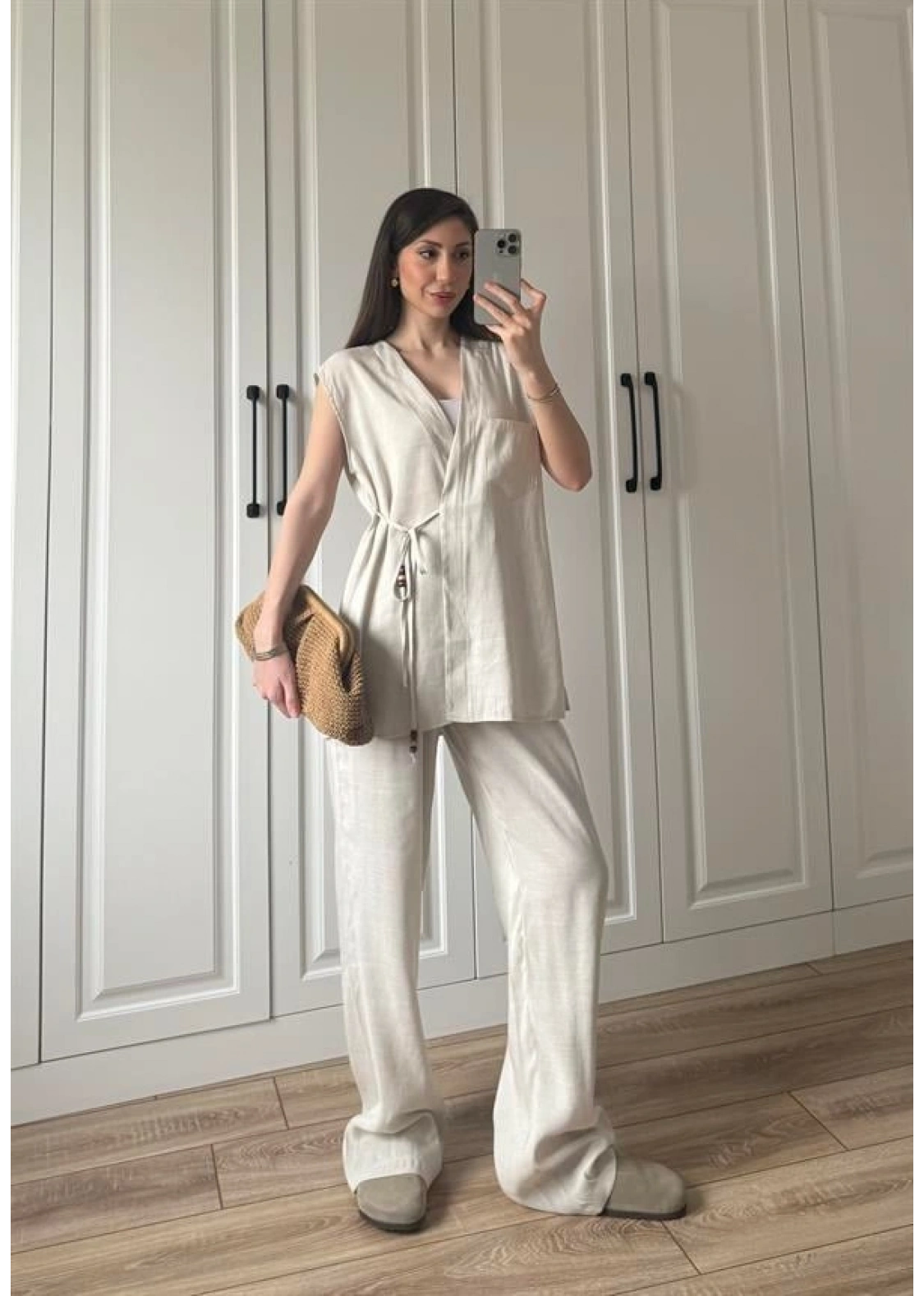Yandan Bağlamalı Keten Yelek Kimono Takım