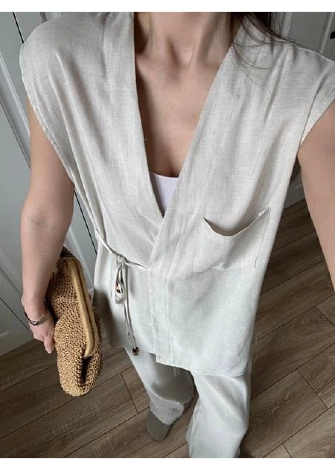 Yandan Bağlamalı Keten Yelek Kimono Takım