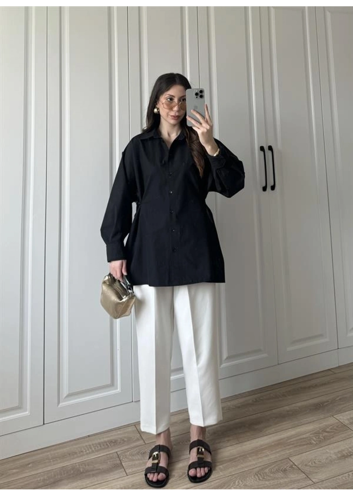 Yandan Bağlamalı Siyah Poplin Gömlek