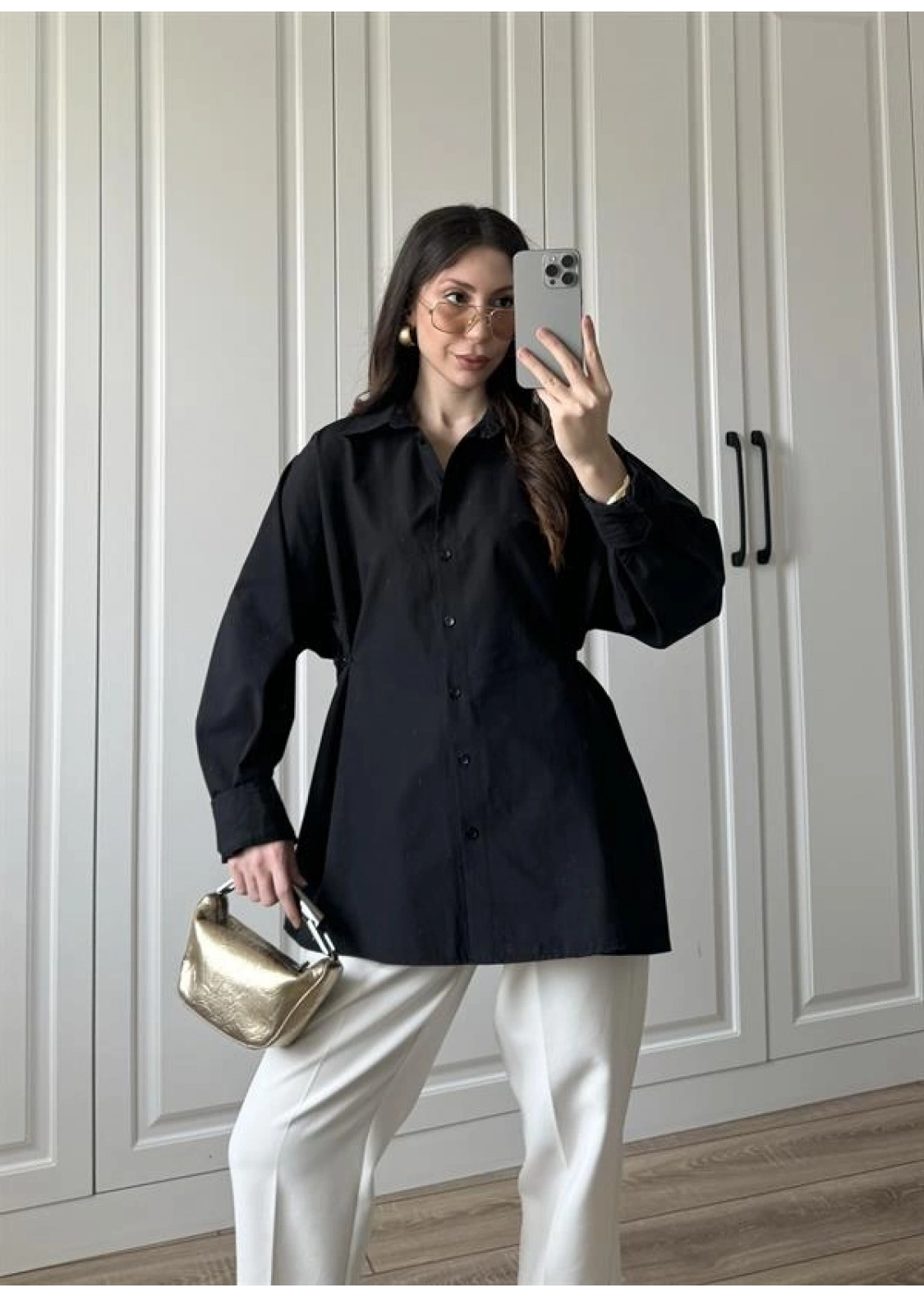 Yandan Bağlamalı Siyah Poplin Gömlek