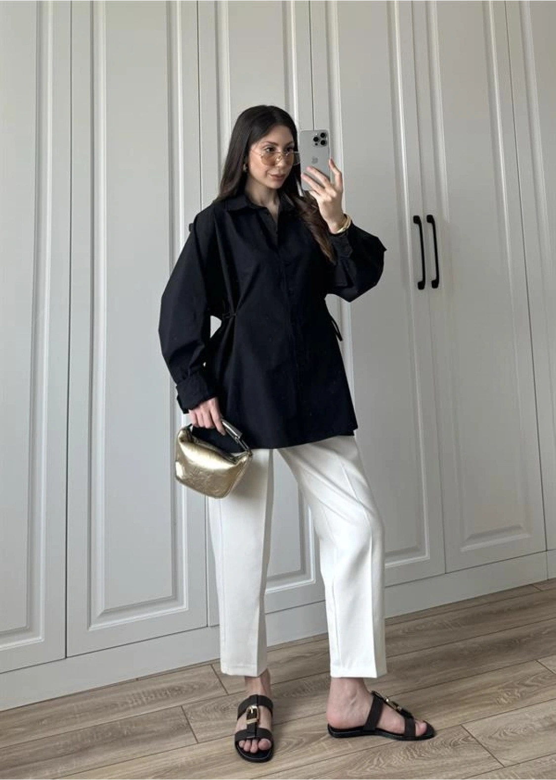 Yandan Bağlamalı Siyah Poplin Gömlek