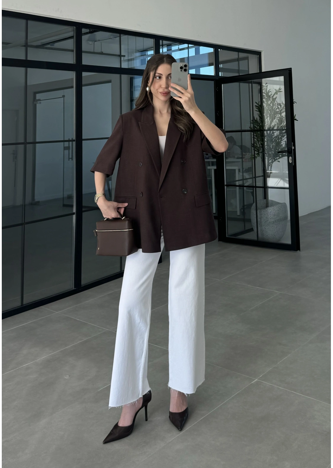 Yarımkol Astarlı Premium Kahve Keten Ceket