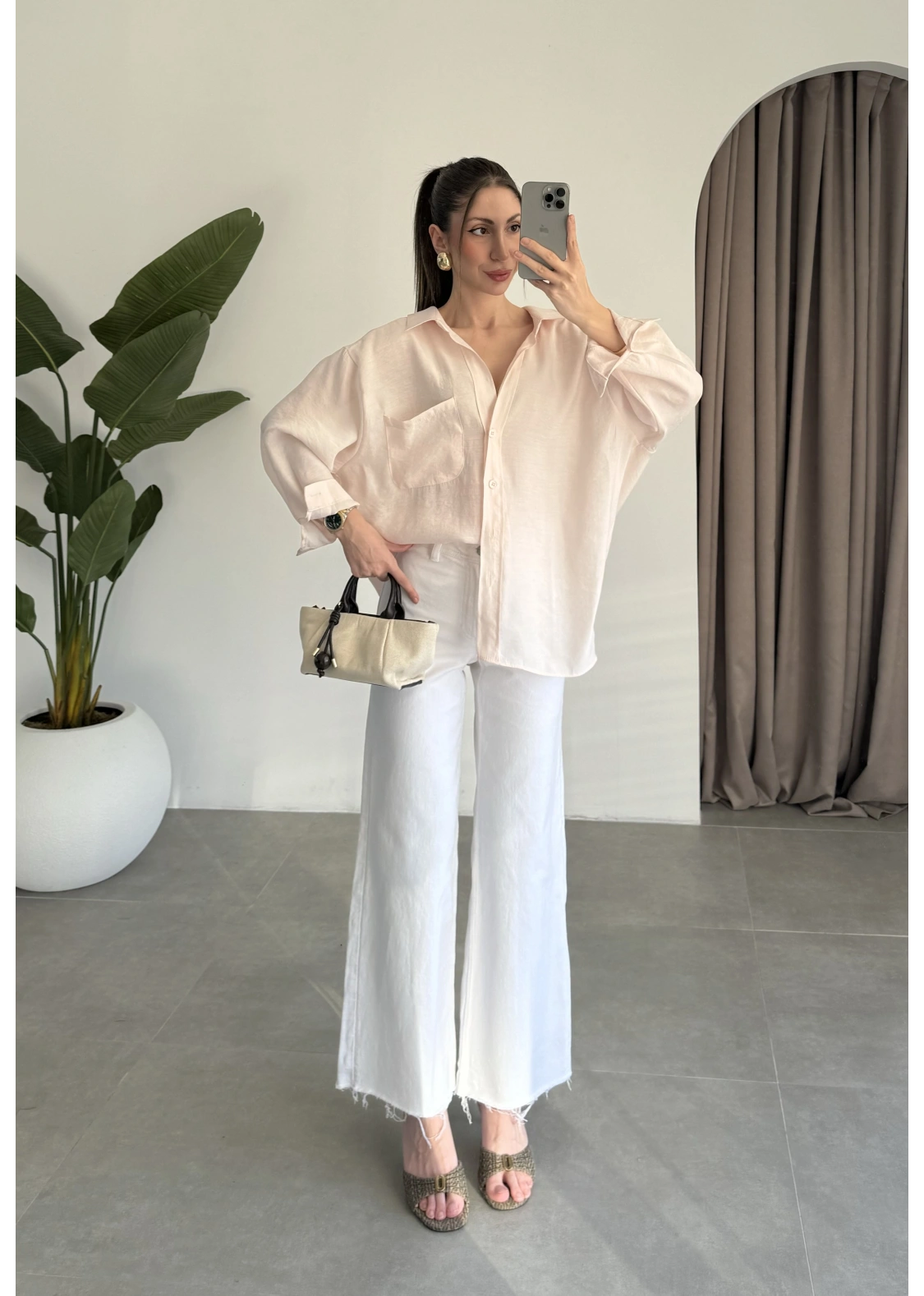 Yavruağzı Oversize Tensel Gömlek