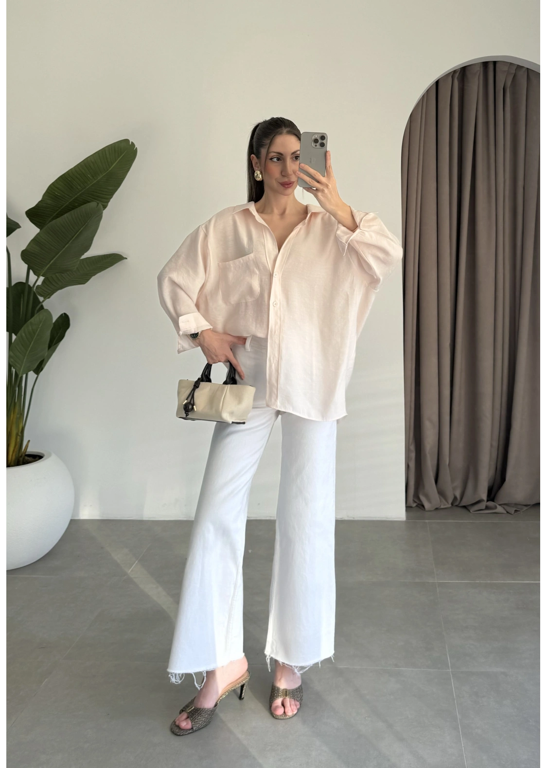 Yavruağzı Oversize Tensel Gömlek