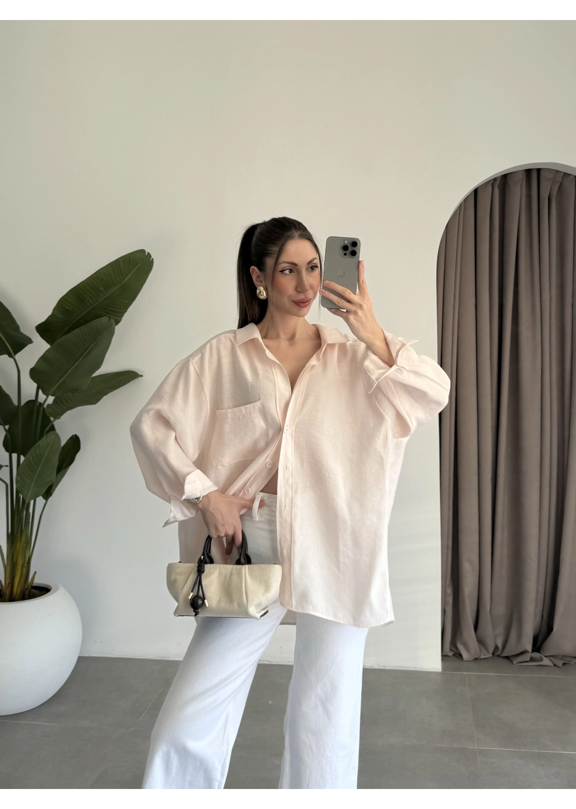 Yavruağzı Oversize Tensel Gömlek