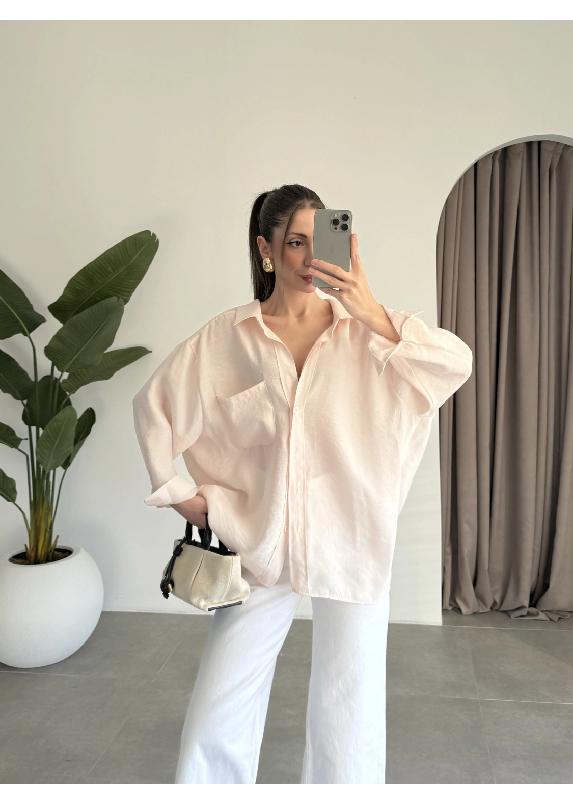 Yavruağzı Oversize Tensel Gömlek
