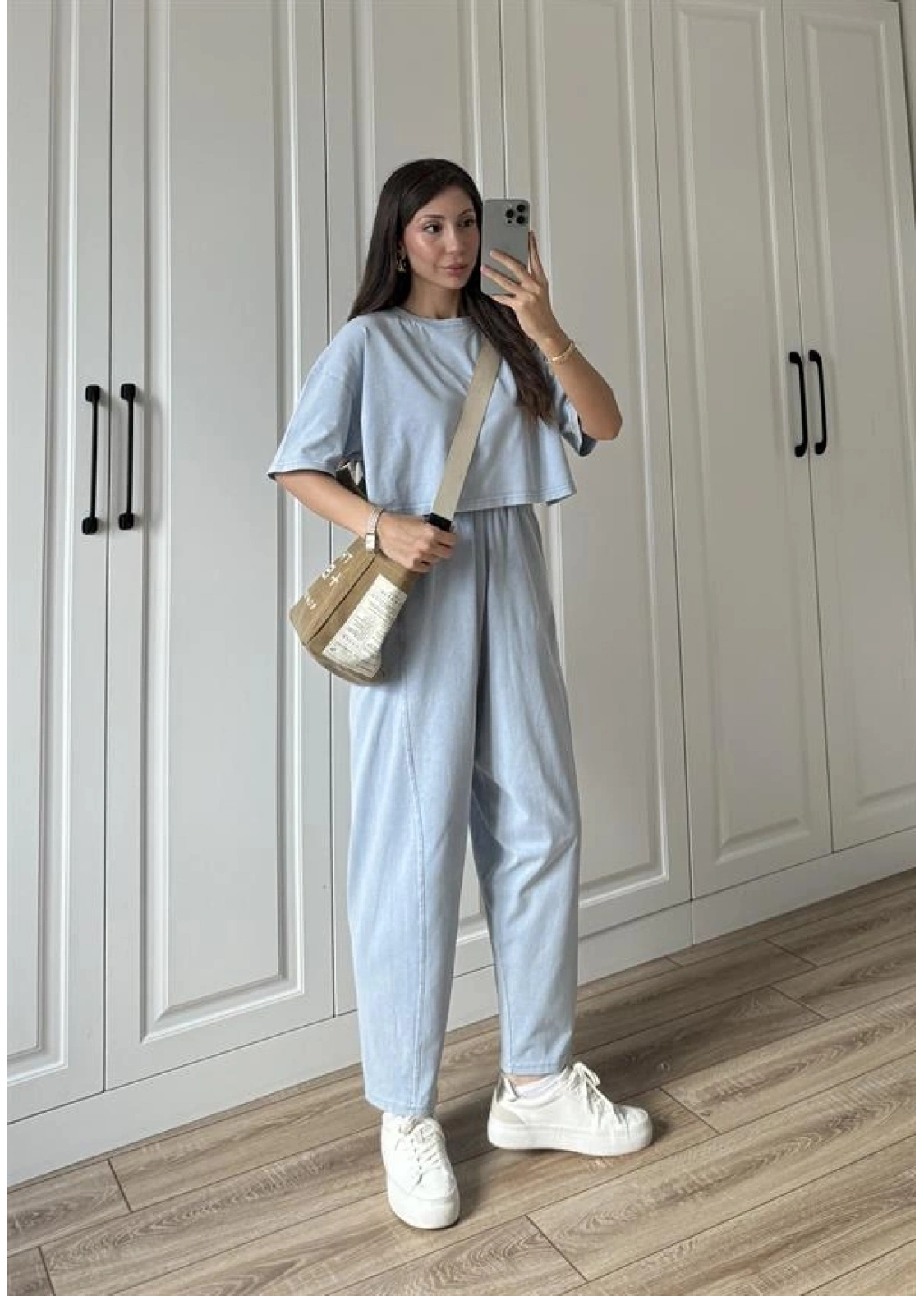 Yıkamalı Crop Mavi Şalvar Takım