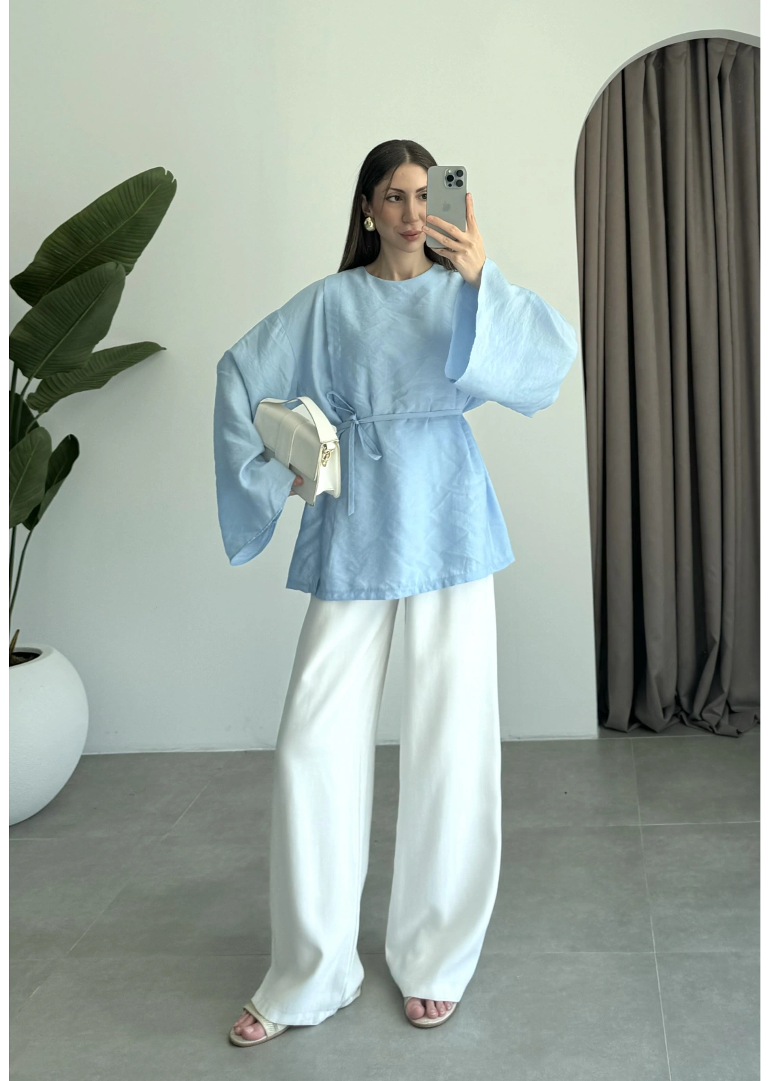 Yırtmaçlı Kuşaklı Tensel Bebe Mavi Tunik