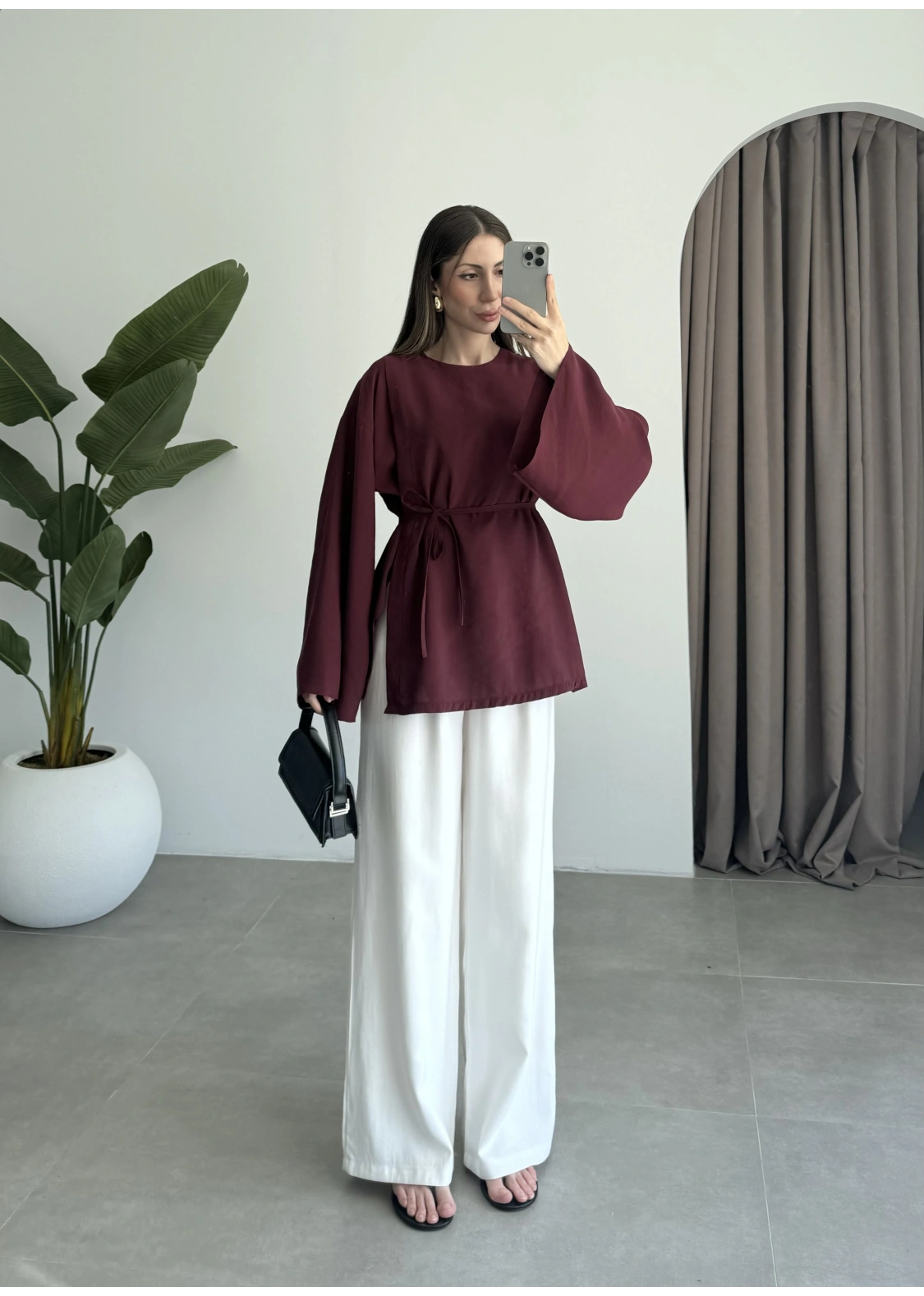 Yırtmaçlı Kuşaklı Tensel Bordo Tunik