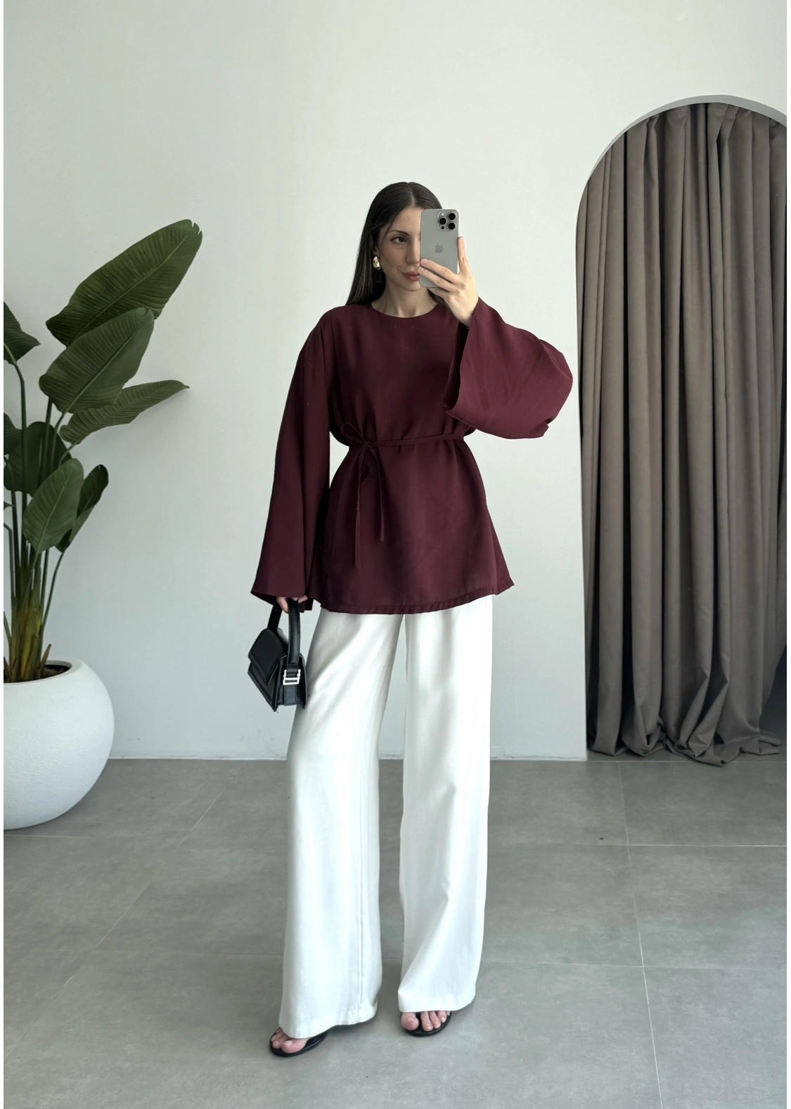 Yırtmaçlı Kuşaklı Tensel Bordo Tunik
