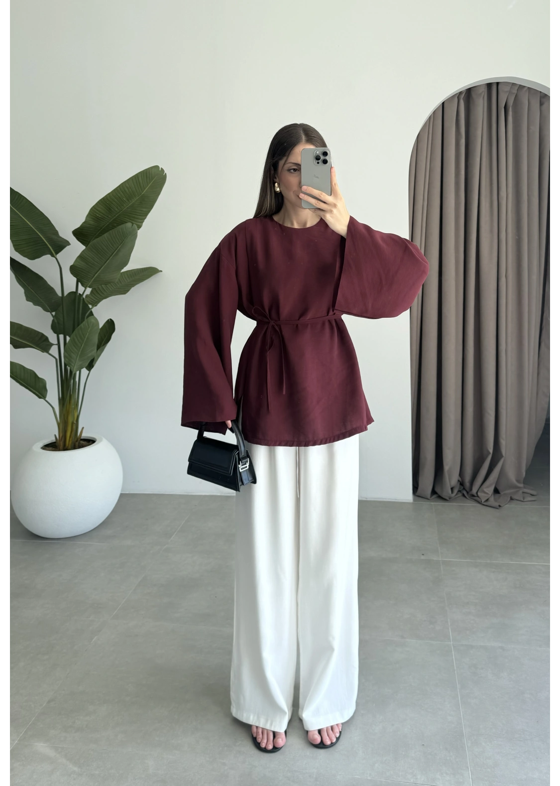 Yırtmaçlı Kuşaklı Tensel Bordo Tunik