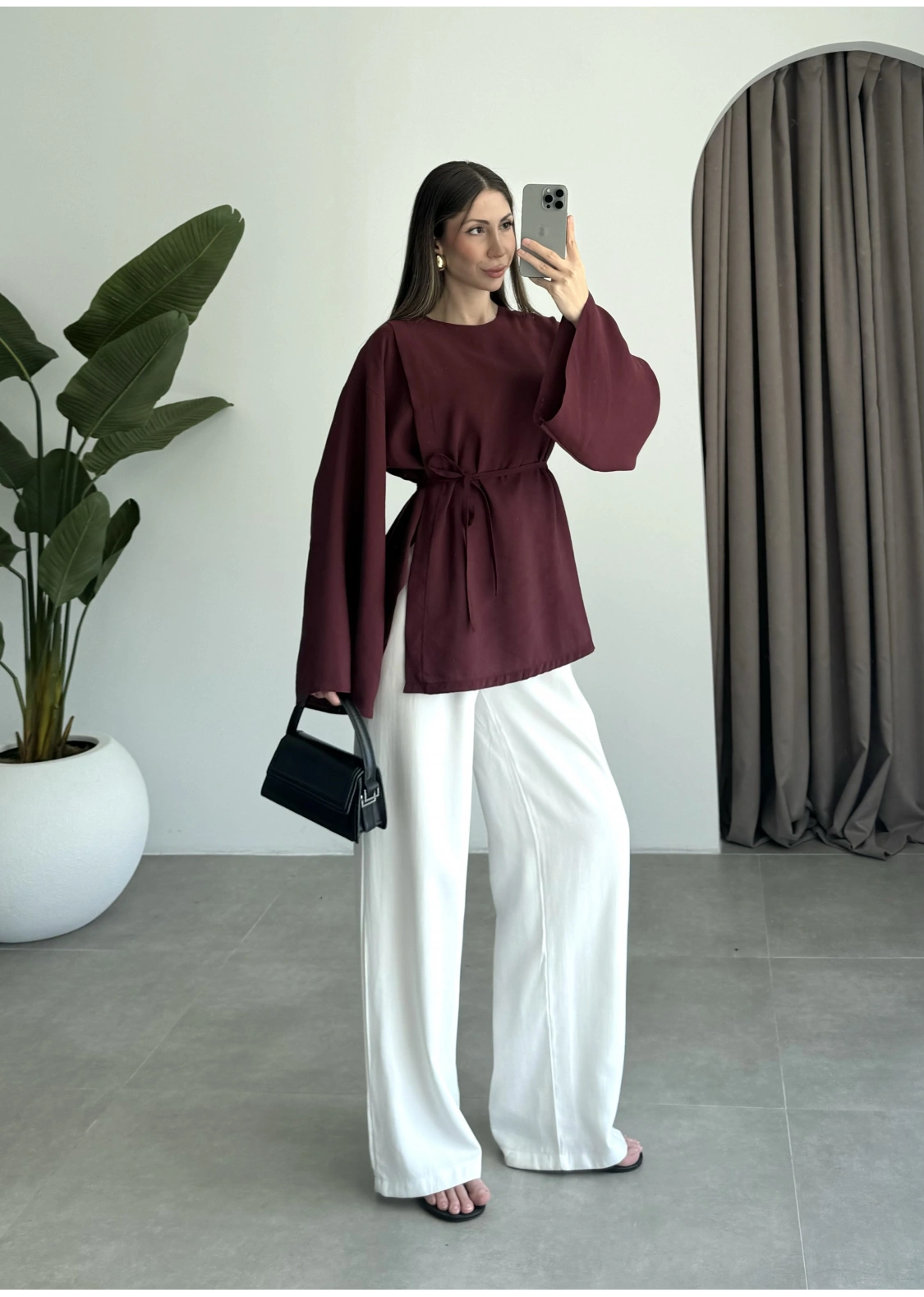 Yırtmaçlı Kuşaklı Tensel Bordo Tunik